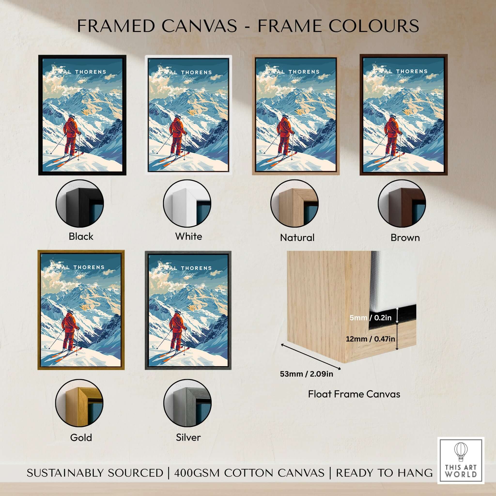 Val Thorens Poster showcasing framed canvas options including Black, White, Natural, Brown, Gold, and Silver.
