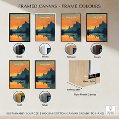 Framed options for Vang Vieng Laos Travel Poster | Nam Song River Sunset Wall Art Print with color samples.