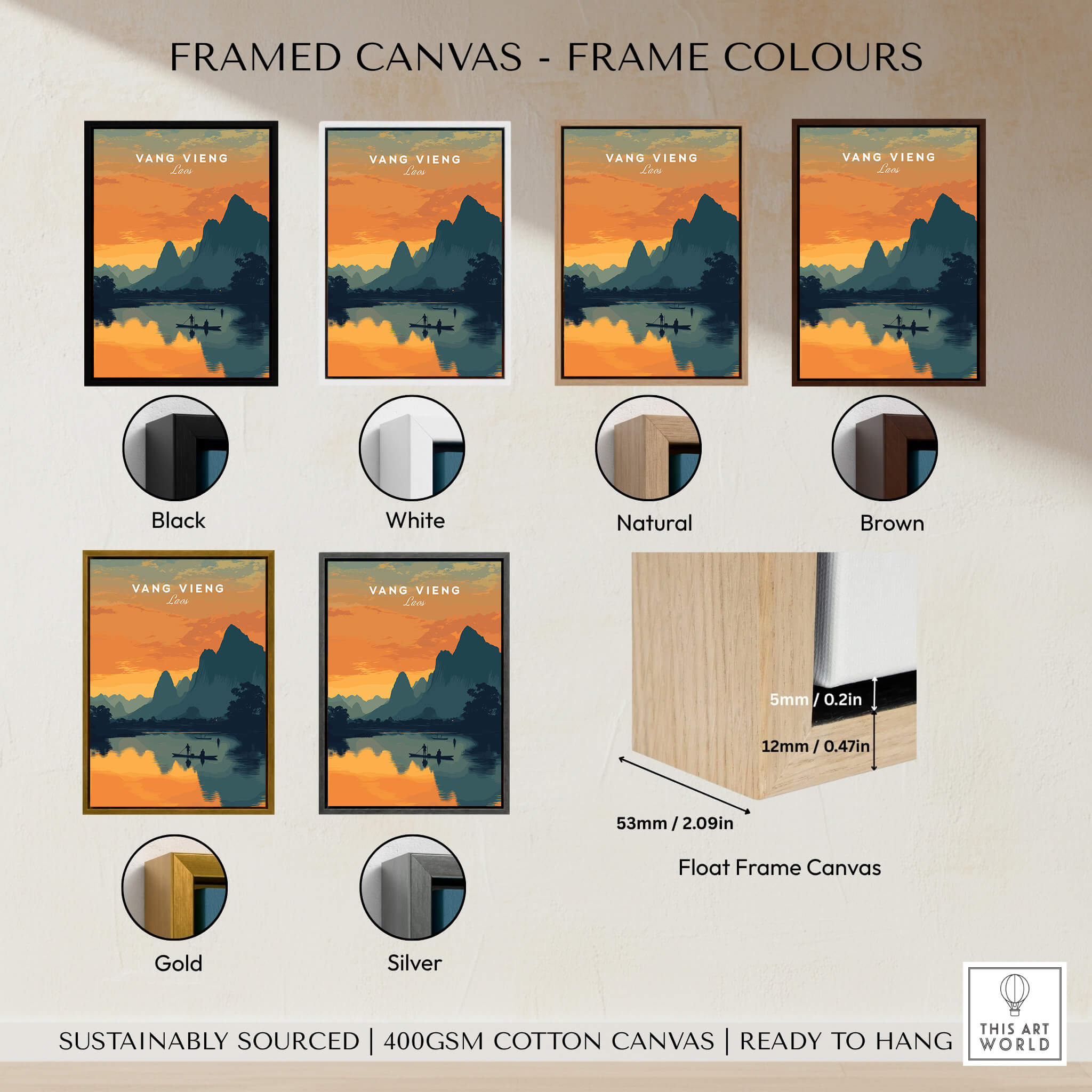 Framed options for Vang Vieng Laos Travel Poster | Nam Song River Sunset Wall Art Print with color samples.