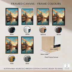Various frame colors for Venice Print featuring serene canals and a sunset.
