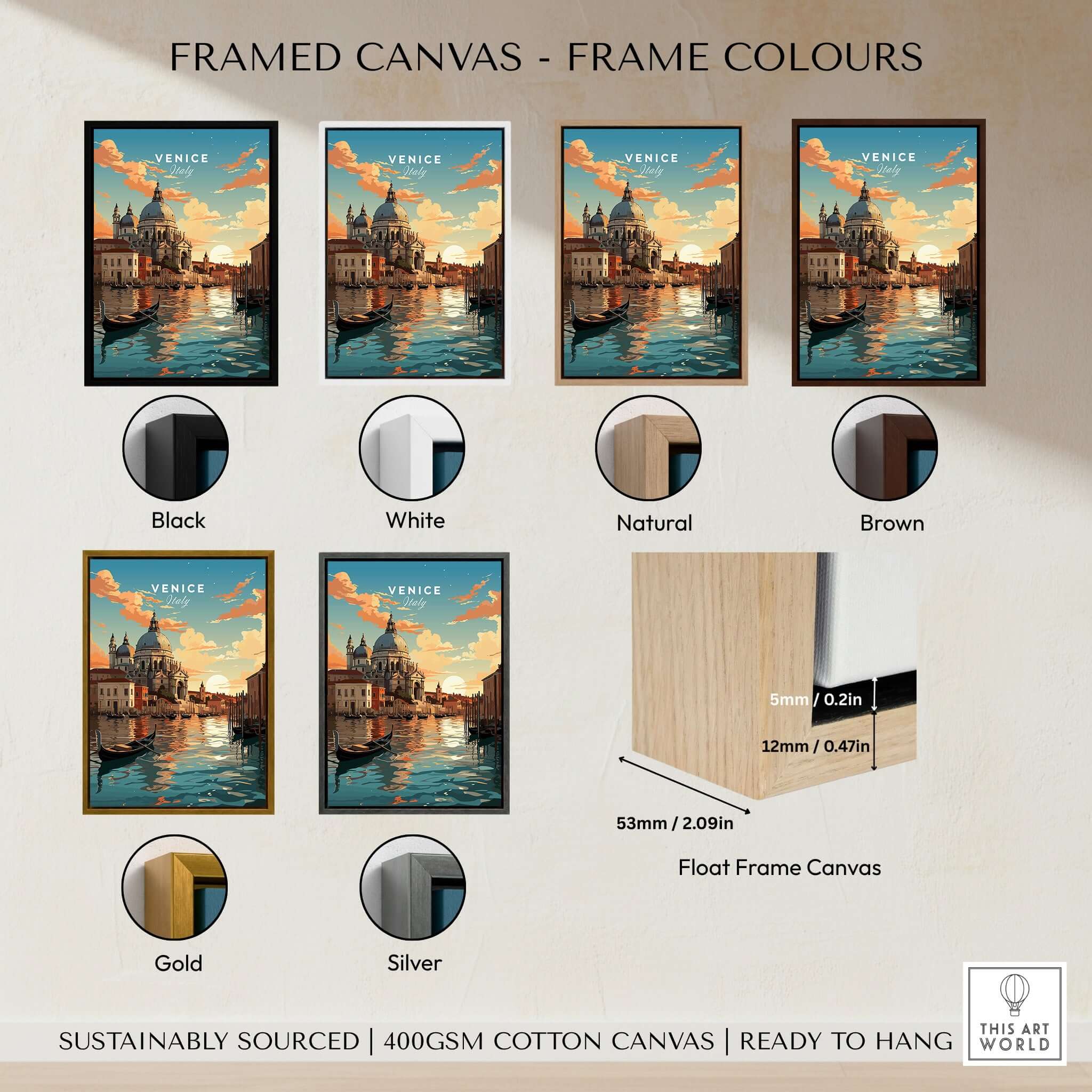 Various frame colors for Venice Print featuring serene canals and a sunset.