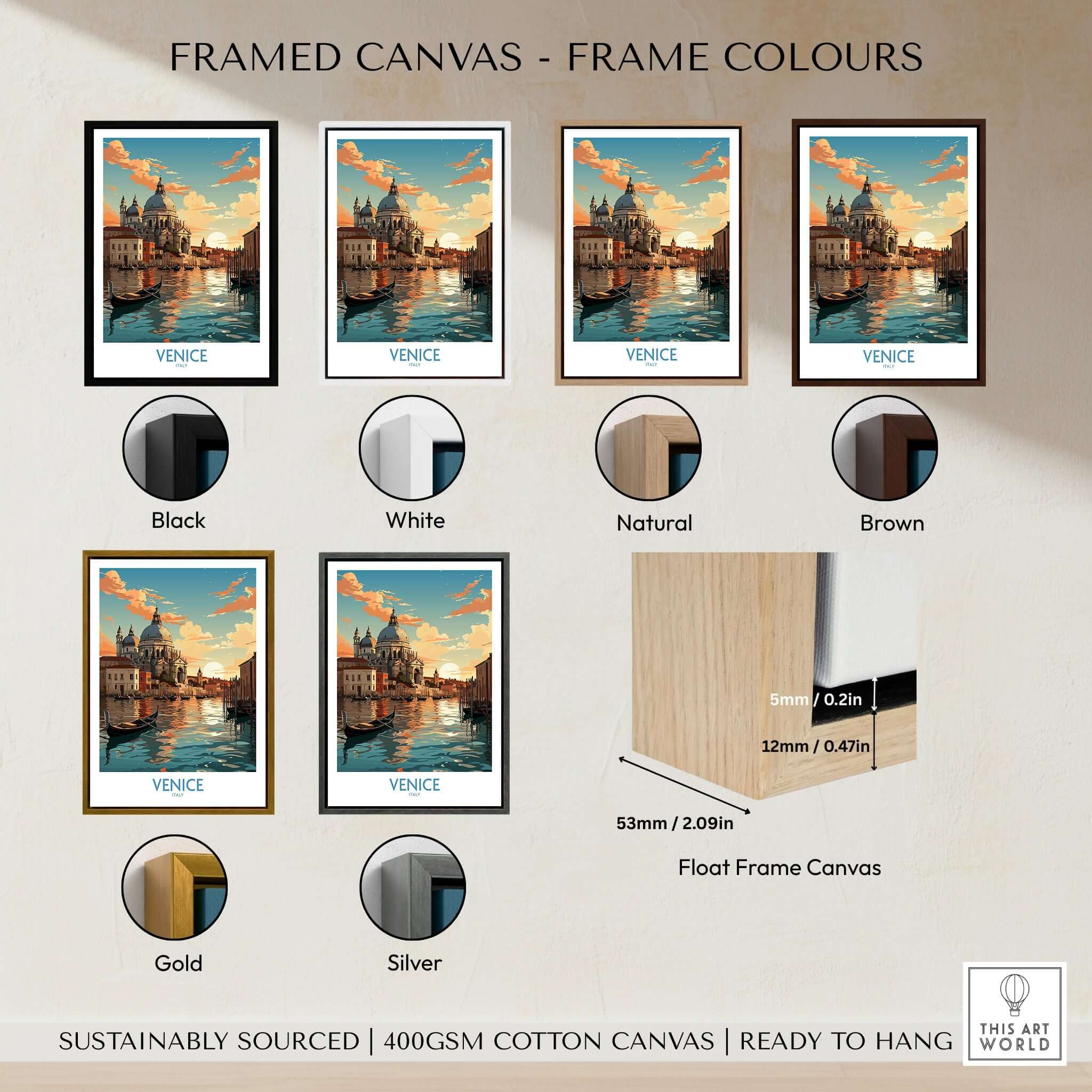 Venice Boat Print framed canvas options in various colors including black, white, natural, brown, gold, and silver.