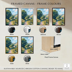 Framed canvas wall art showing Wales landscape, displayed in six frame color options: black, white, natural, brown, gold, and silver.