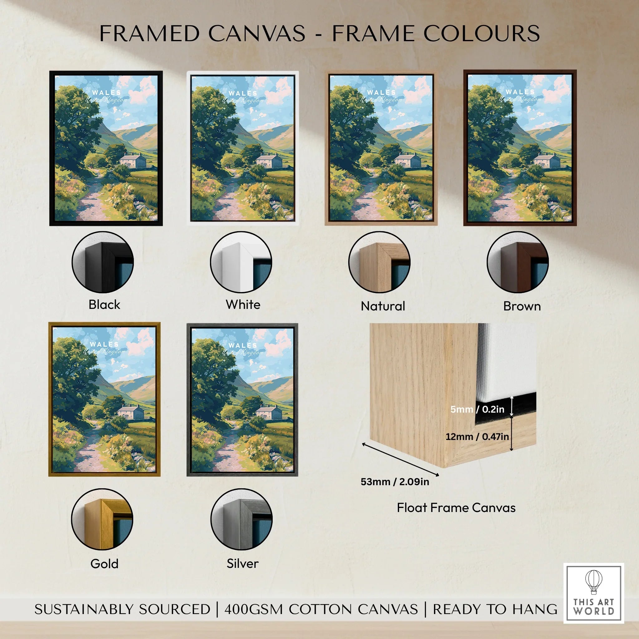 Framed canvas wall art showing Wales landscape, displayed in six frame color options: black, white, natural, brown, gold, and silver.