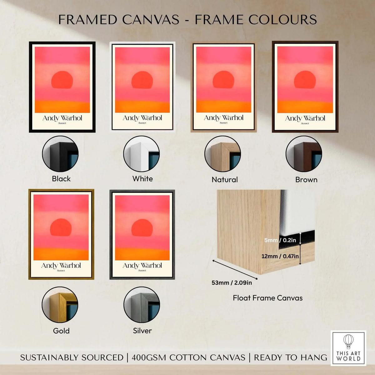 Framed canvas options for Andy Warhol Sunset Pink Orange Pop Art Print Modern Abstract Poster Wall Art in various colors.