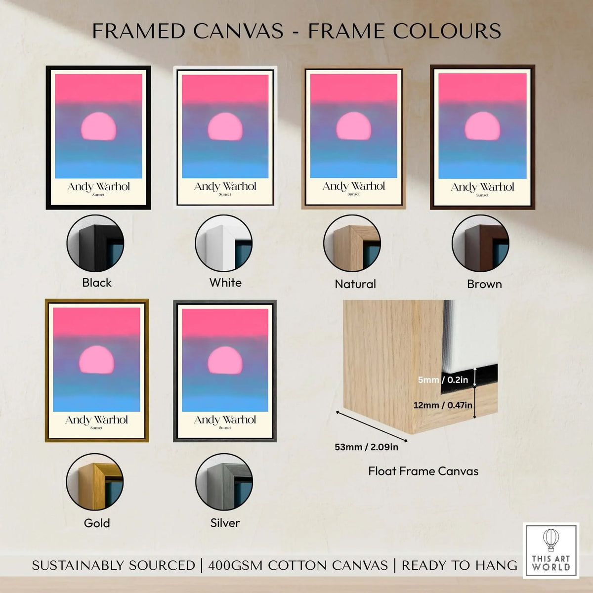 Andy Warhol Sunset Pink Blue Pop Art Poster Abstract Screenprint Wall Art Print framed in various colors options.