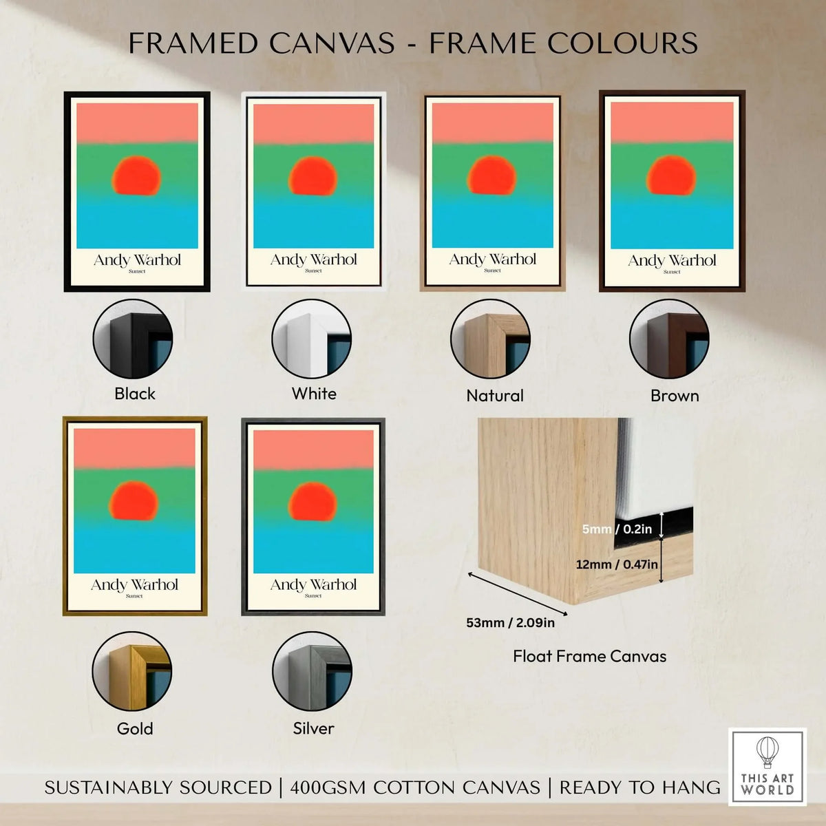 Andy Warhol Sunset Coral Green Blue Pop Art Poster Abstract Wall Art Print Modern framed with various frame color options.