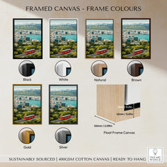 Wellington New Zealand Wall Art Print | Travel Poster framed canvas color options including black, white, natural, brown, gold, and silver.