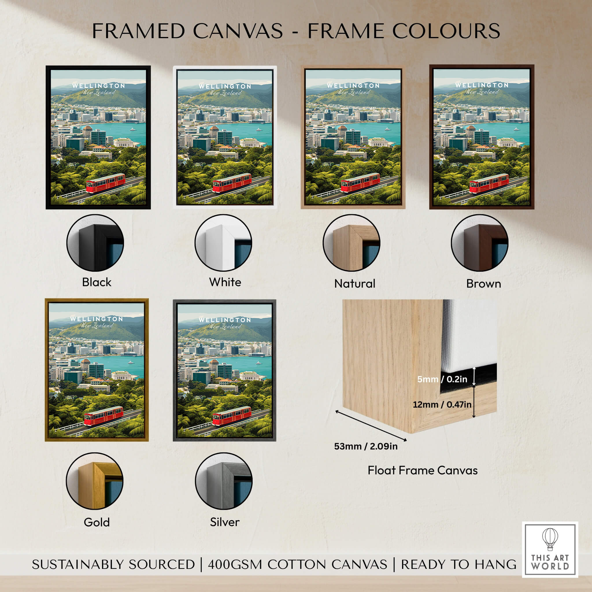 Wellington New Zealand Wall Art Print | Travel Poster framed canvas color options including black, white, natural, brown, gold, and silver.