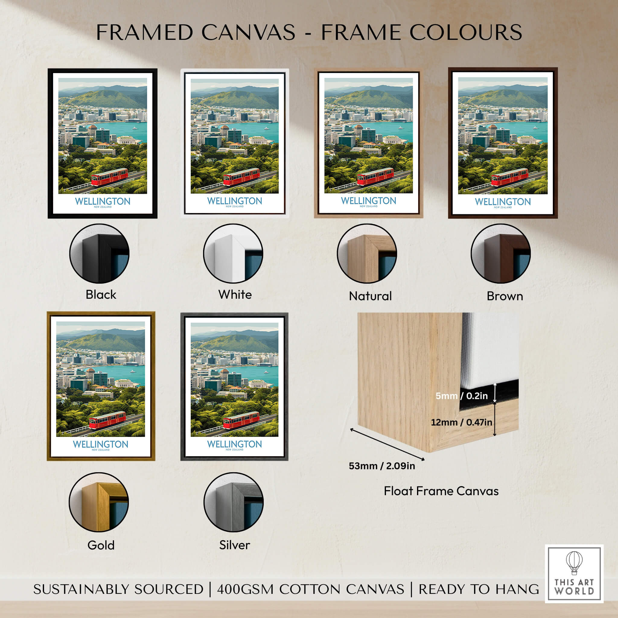 Wellington New Zealand Poster | Scenic City Skyline Landscape Canvas Print framed in various color options including black, white, and gold.