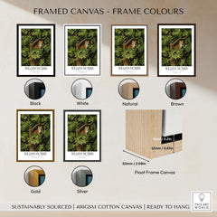 Framed canvas options for William Morris Ginger Cat in Tree Botanical Art Print - Foliage Poster in various colors.