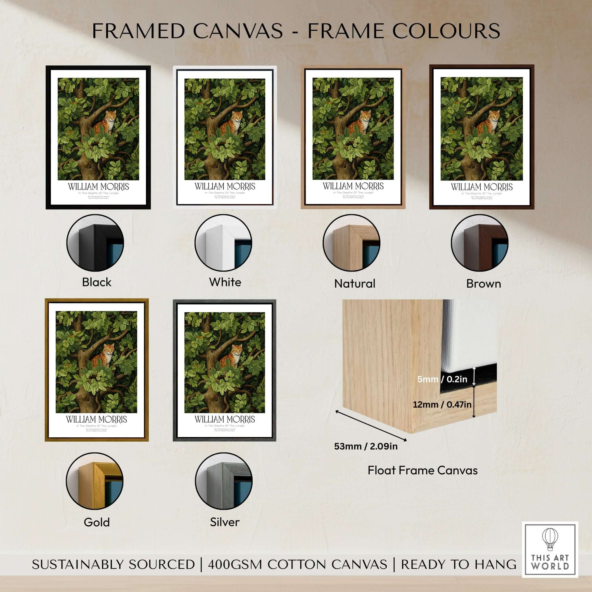 Framed canvas options for William Morris Ginger Cat in Tree Botanical Art Print - Foliage Poster in various colors.