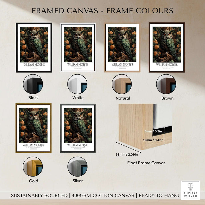 Framed canvas options for William Morris Prints - Wise Owl Botanical Art Print - Floral Tree Poster in various colors.