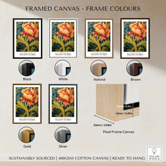 Framed options for William Morris Orange Bloom Swirling Leaves Art Print - Botanical Poster in various colors.