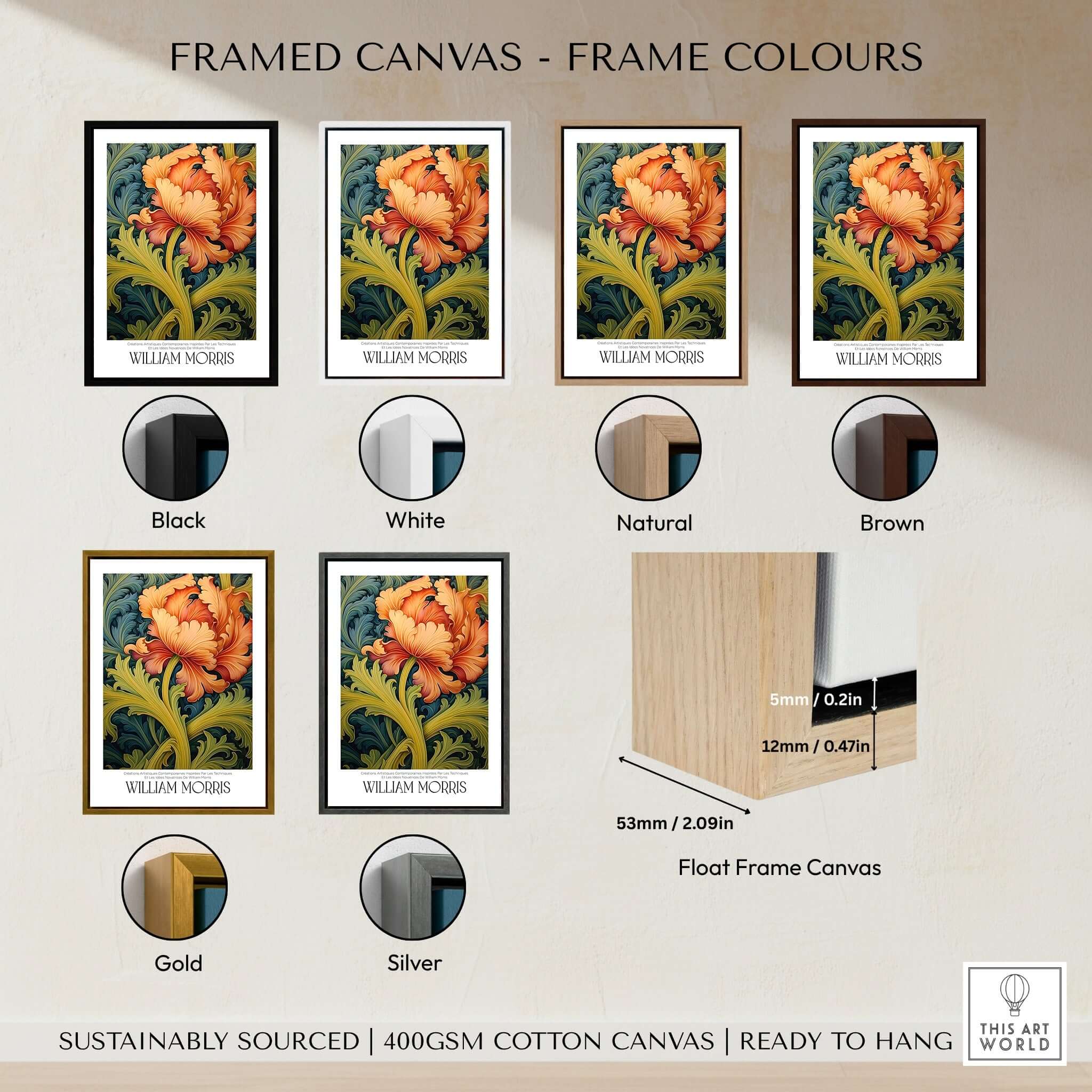 Framed options for William Morris Orange Bloom Swirling Leaves Art Print - Botanical Poster in various colors.