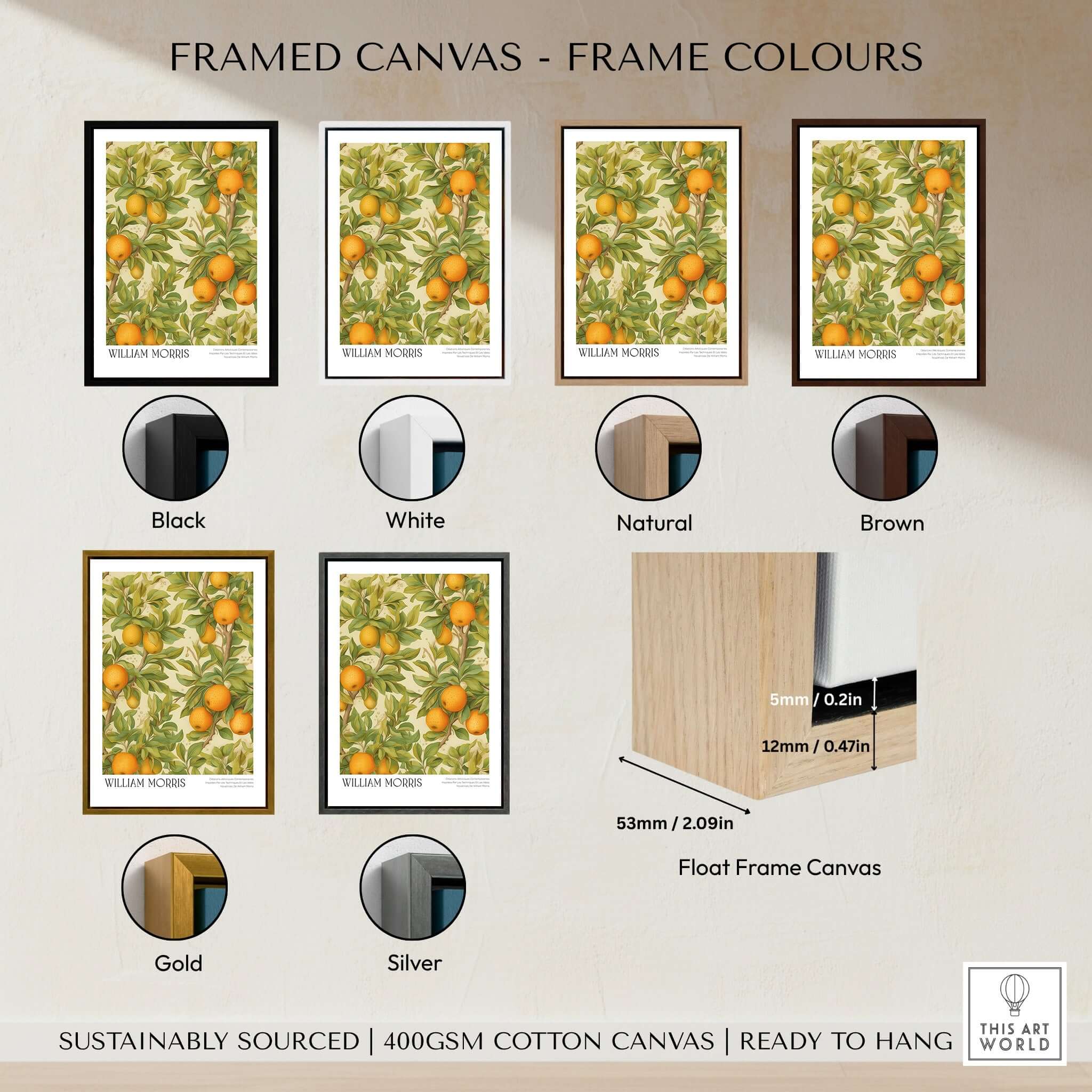 Framed canvas options for William Morris Prints - Orange Grove Fruit Tree Art Print - Botanical Poster, featuring various frame colors.