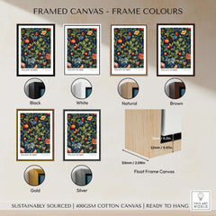 Framed canvases in various colors showcasing William Morris William Morris Fruit and Floral Vine Art Print - Dark Botanical Poster