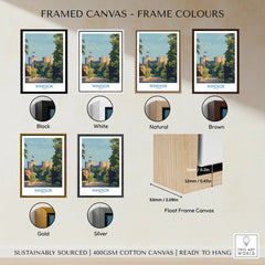 Framed Windsor canvas wall art with six color frame options and float frame canvas details.