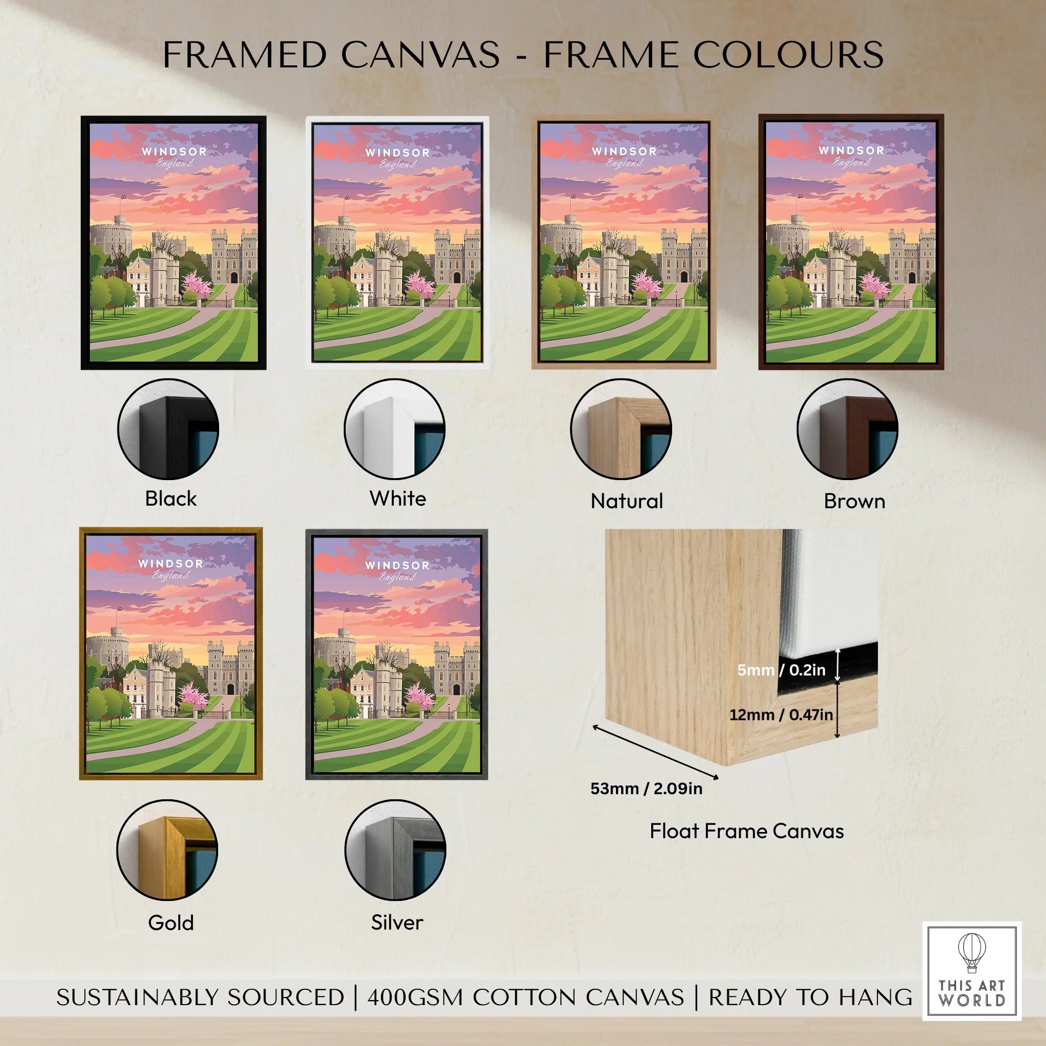 Windsor framed canvas wall art shown in black, white, natural, brown, gold, and silver frame color options.