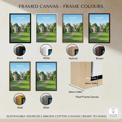 Windsor England travel poster in six frame color options: black, white, natural, brown, gold, silver, plus a float frame canvas style.