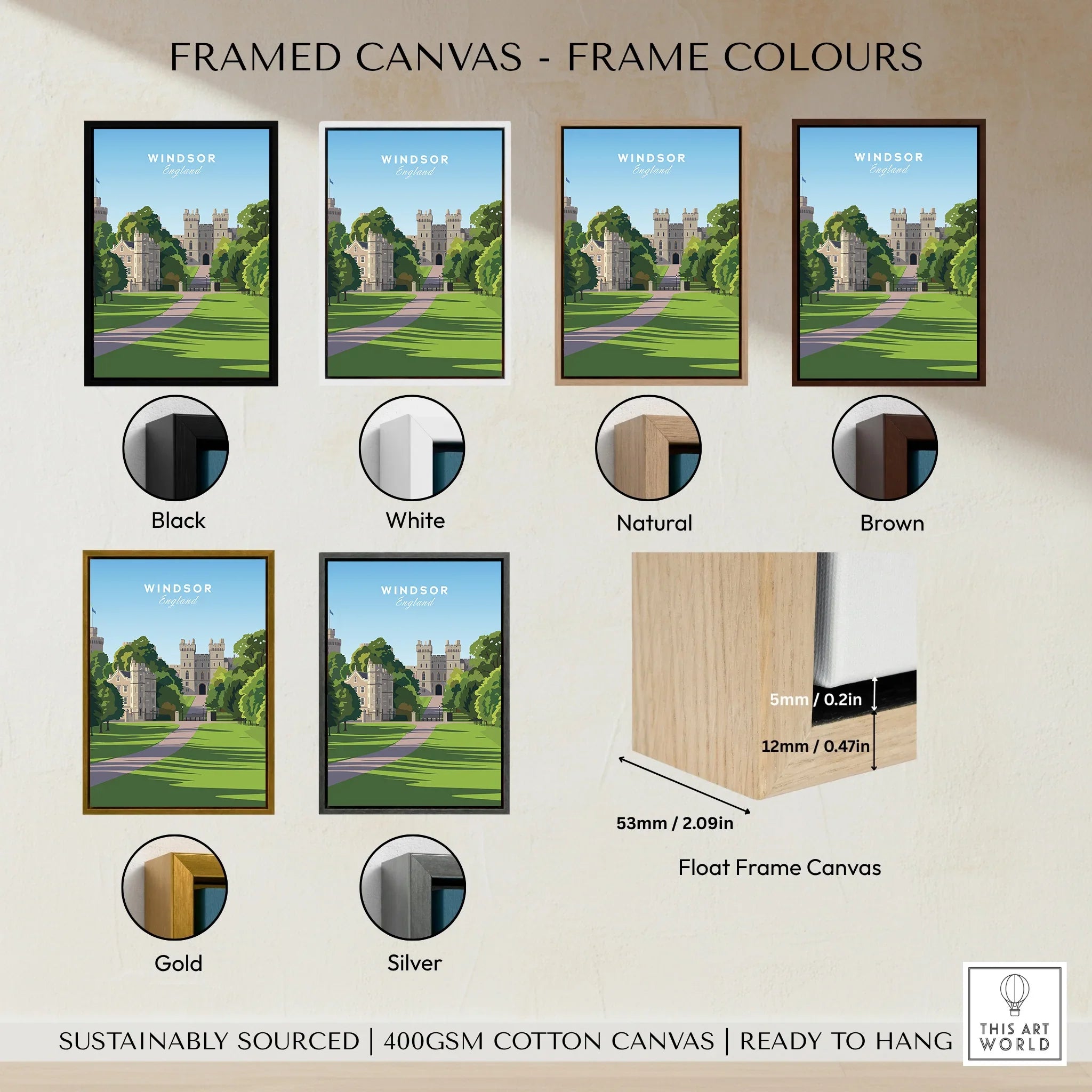 Windsor England travel poster in six frame color options: black, white, natural, brown, gold, silver, plus a float frame canvas style.