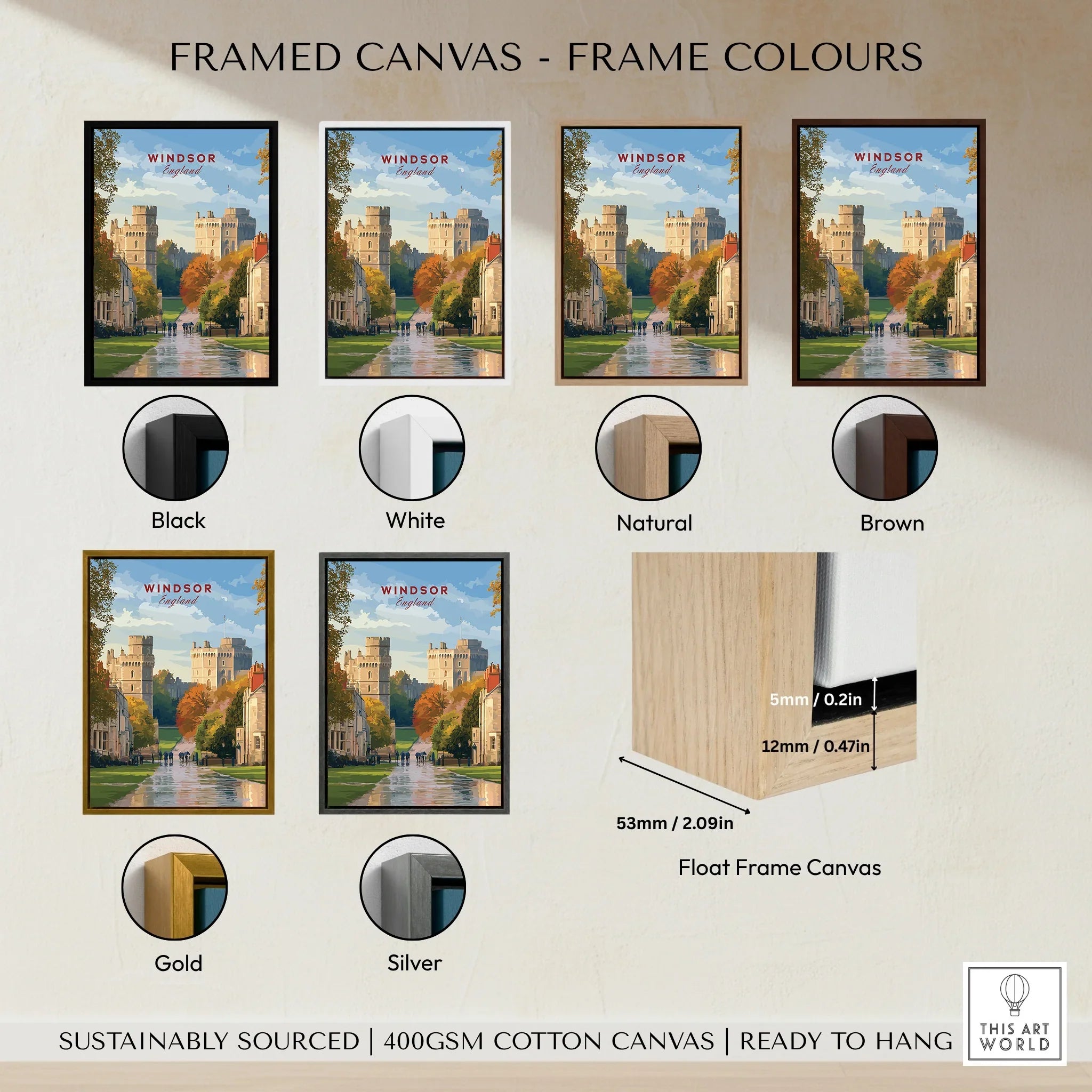 Framed Windsor England travel poster canvas with black, white, natural, brown, gold, and silver frame color options.