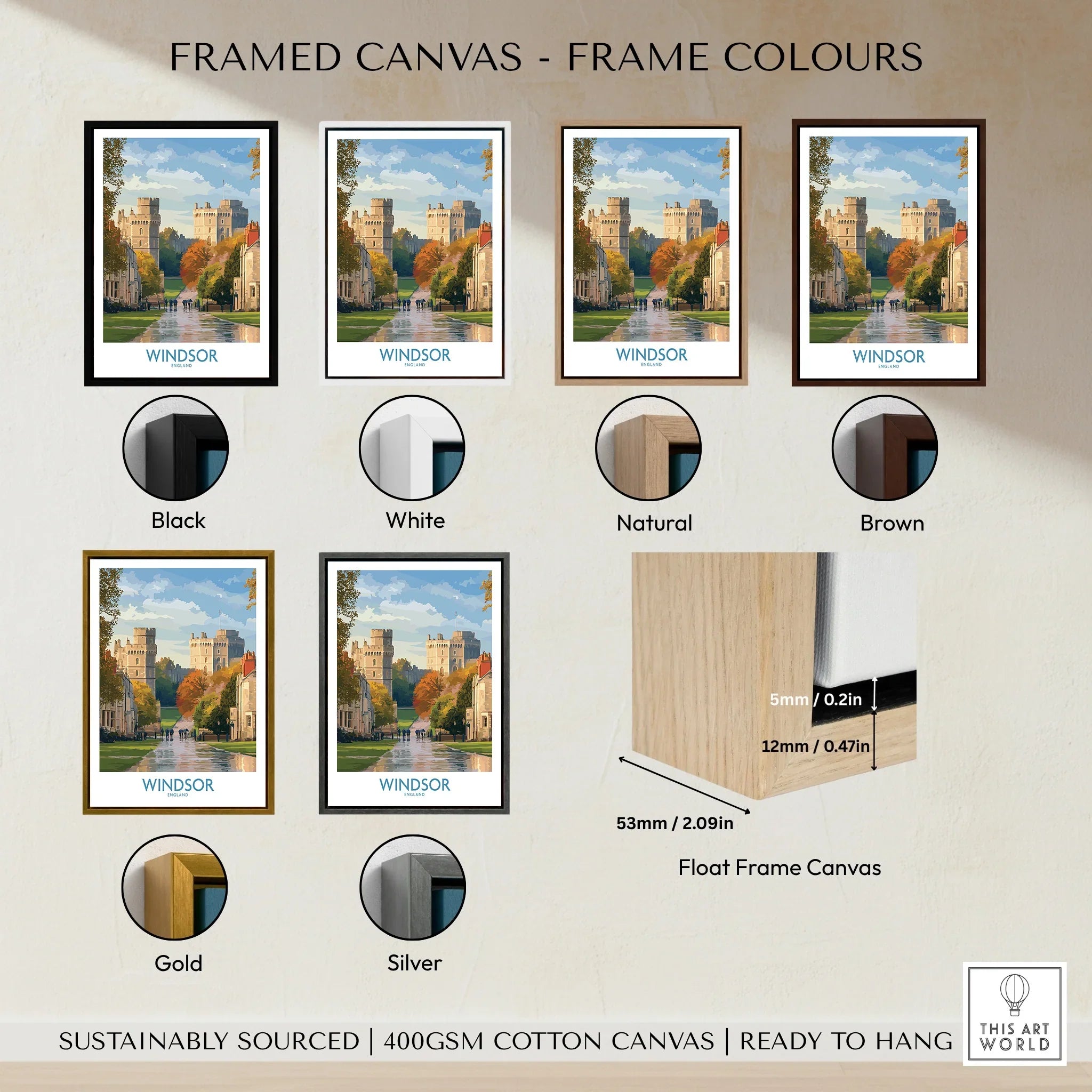 Framed canvas print of Windsor castle with six frame color options: black, white, natural, brown, gold, and silver, plus float frame canvas detail.