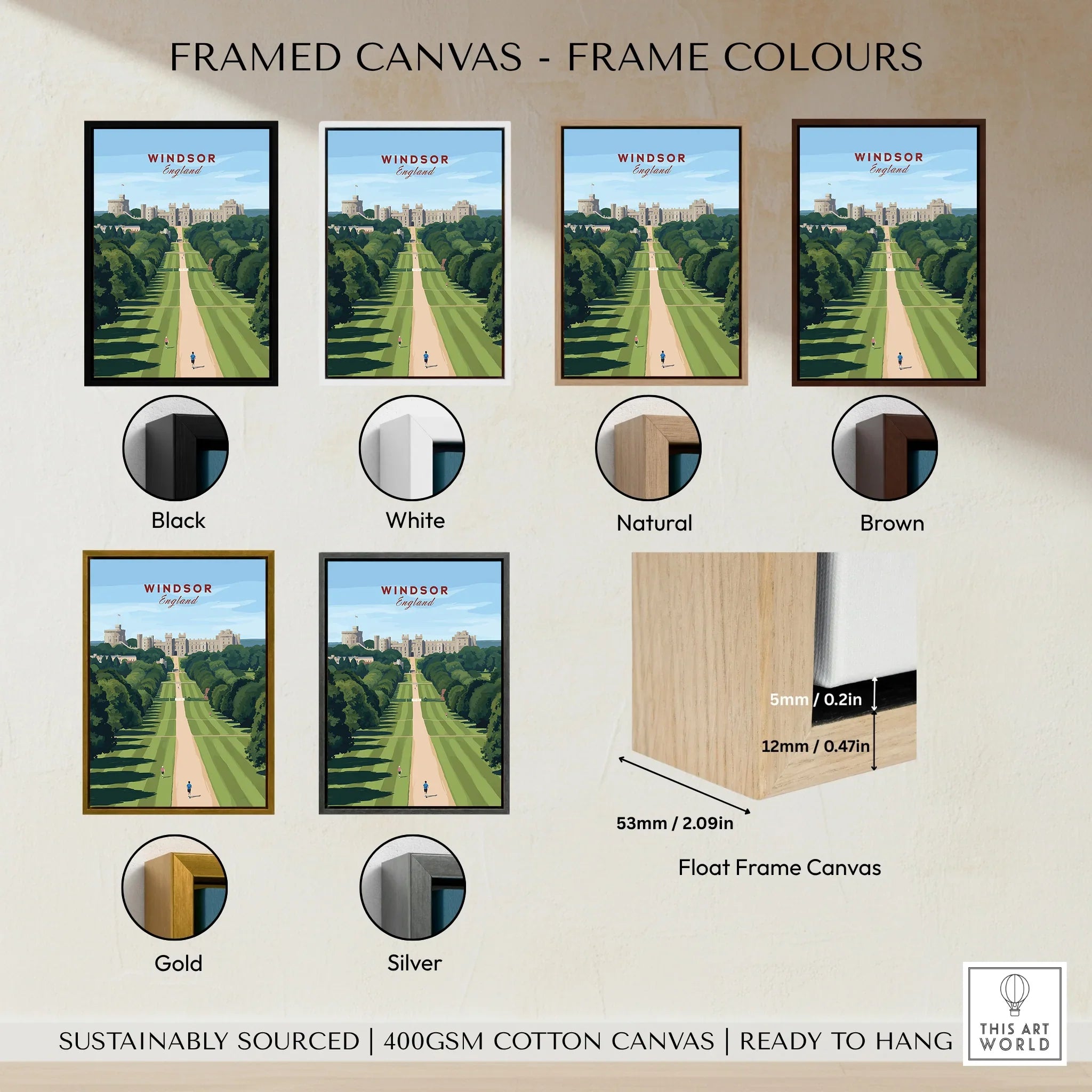 Framed Windsor travel poster canvas with black, white, natural, brown, gold, silver frame options