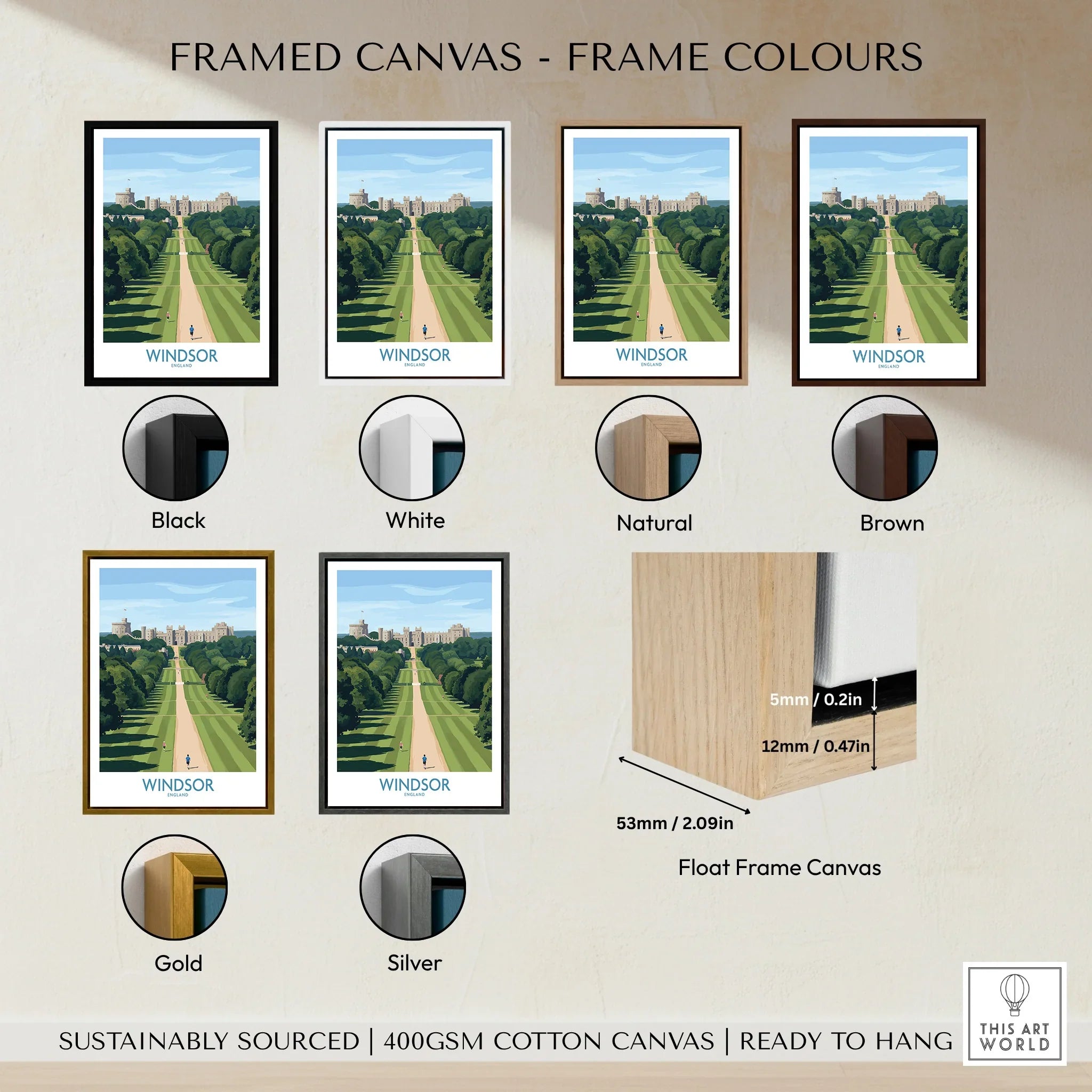 Framed Windsor canvas print in six frame colors: black, white, natural, brown, gold, silver.