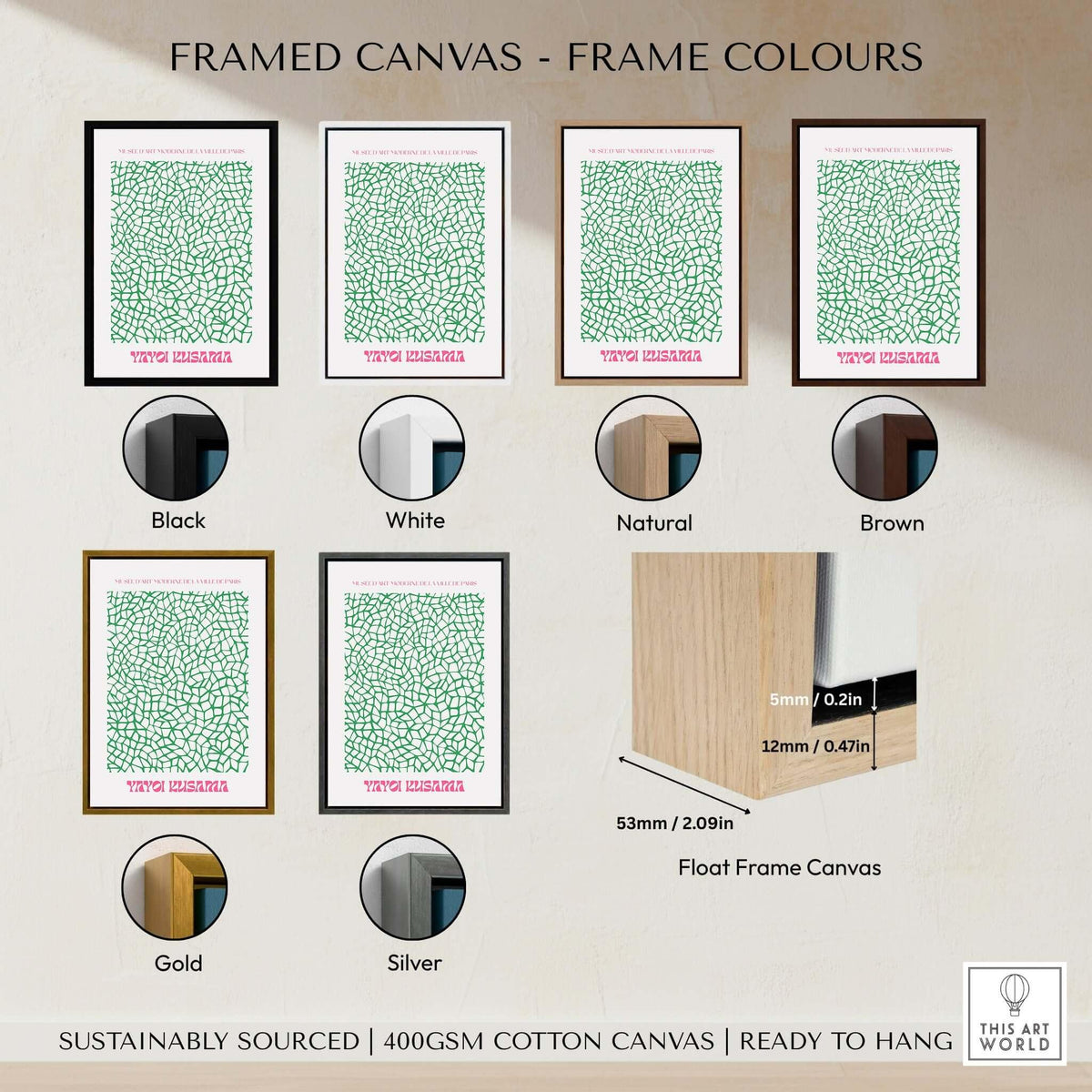 Yayoi Kusama Green Net Pattern Abstract Contemporary Art Print Paris Poster Decor framed in various color options.