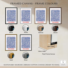 Yayoi Kusama Evil Eye Pattern Blue Contemporary Art Print Poster Paris Wall Decor framed in various colors options.