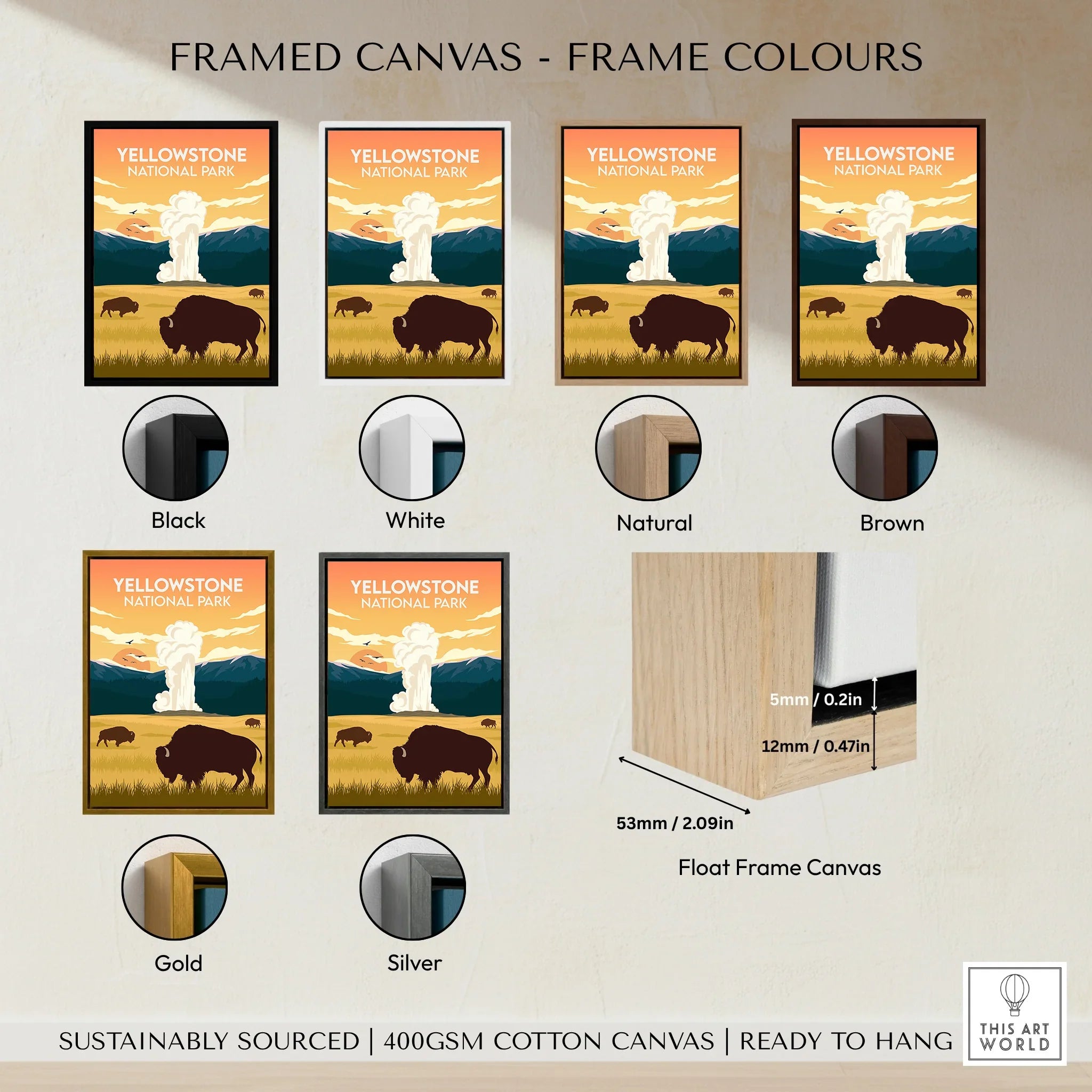 Yellowstone National Park poster in six frame color options, bison and geyser wall art