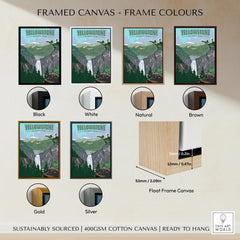 Yellowstone National Park framed canvas wall art in six frame color options, including size details.