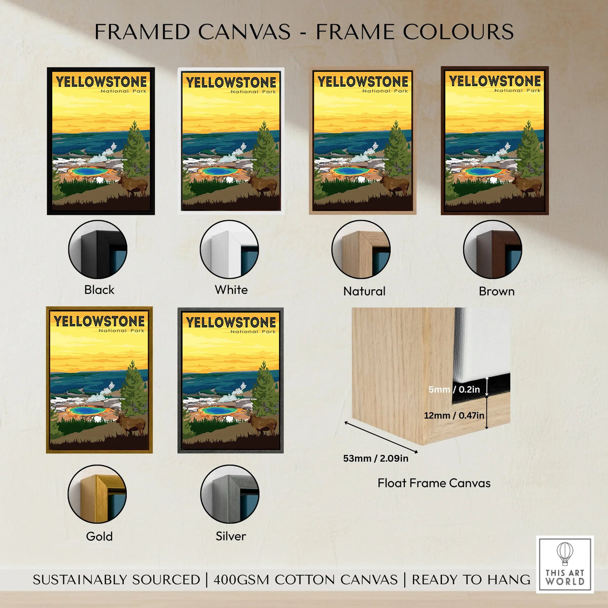 Yellowstone National Park travel poster canvas print with six frame color options: black, white, natural, brown, gold, silver.