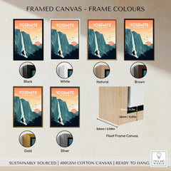 Yosemite National Park framed canvas art in six frame colors: black, white, natural, brown, gold, silver.