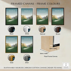 Yosemite National Park wall art print in six frame color options: black, white, natural, brown, gold, and silver.