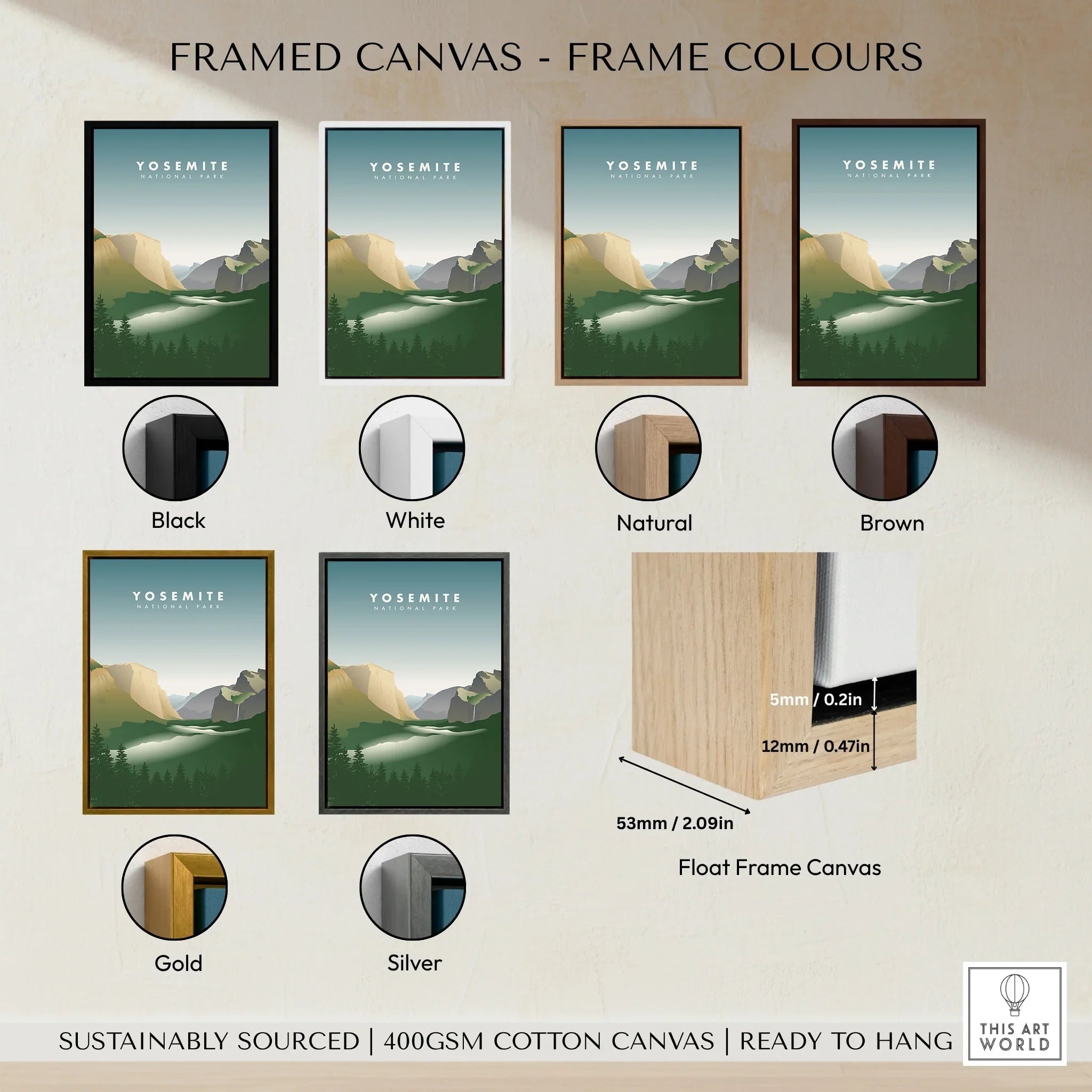 Yosemite National Park wall art print in six frame color options: black, white, natural, brown, gold, and silver.