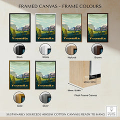 Yosemite National Park travel poster wall art with six float frame color options: black, white, natural, brown, gold, and silver.