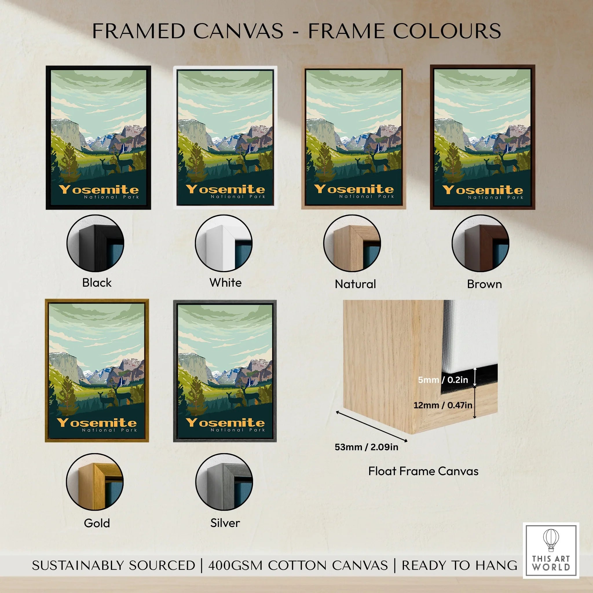 Yosemite National Park travel poster wall art with six float frame color options: black, white, natural, brown, gold, and silver.