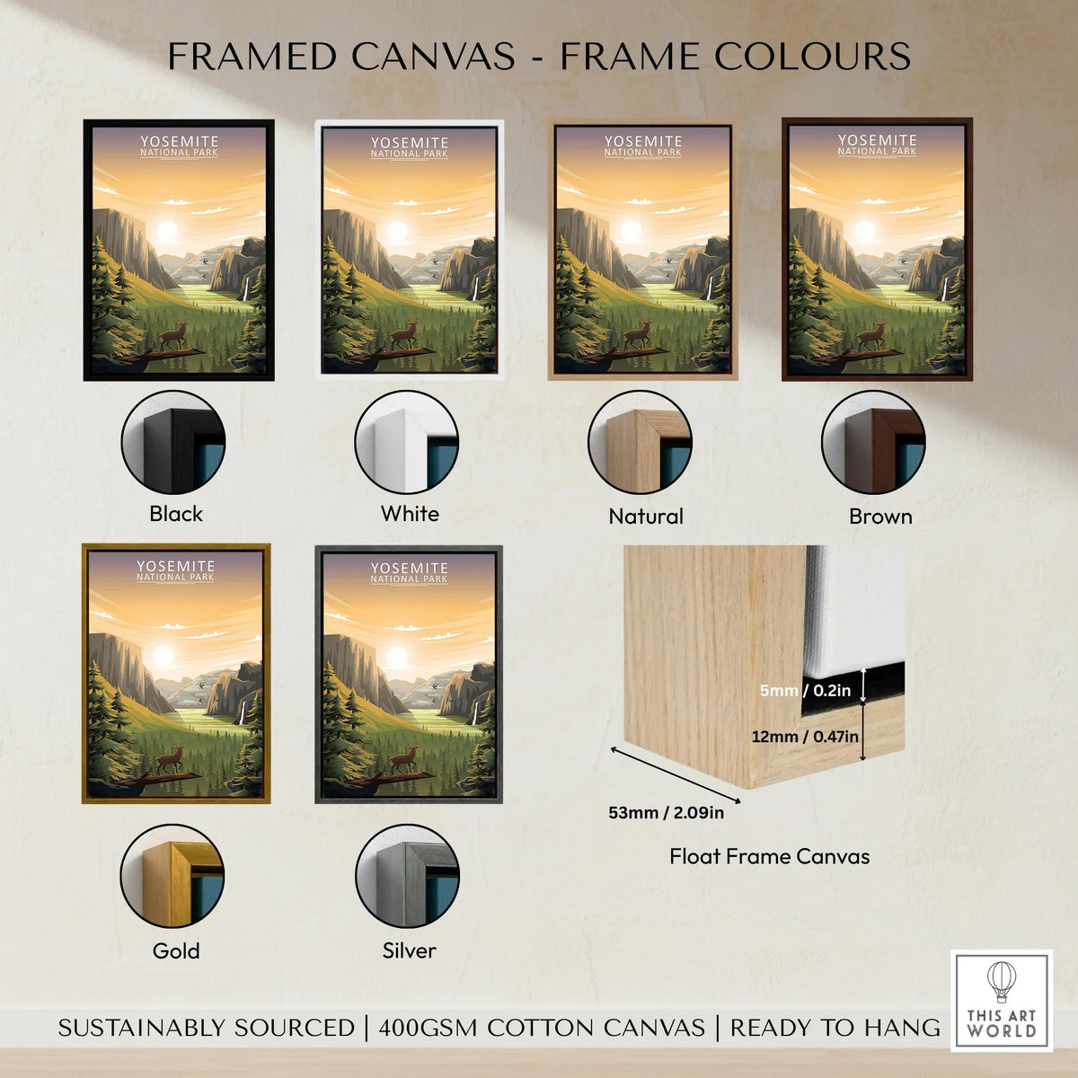 Yosemite National Park travel poster framed canvas in black, white, natural, brown, gold, and silver color options