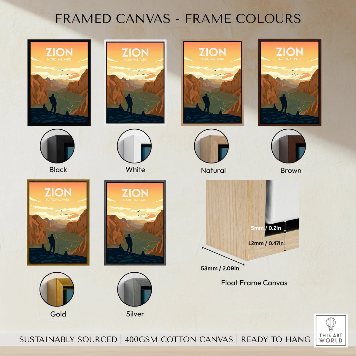 Zion National Park wall art poster with multiple frame color options in black, white, natural, brown, gold, and silver, float frame canvas detail shown.