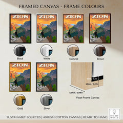 Zion National Park travel poster with six canvas float frame color options: black, white, natural, brown, gold, silver.