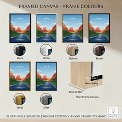 Zion National Park wall art framed canvas with six frame color options: black, white, natural, brown, gold, silver.