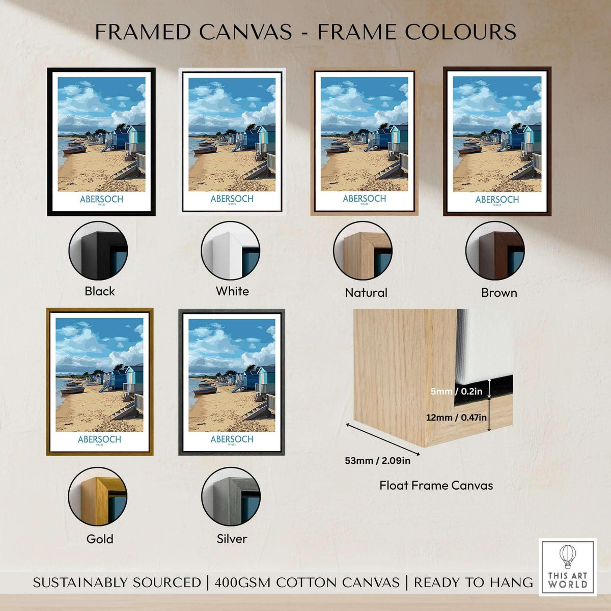 Framed canvas color options for Abersoch Wales Beach Huts Art Print | Coastal Boats Wall Decor Poster.