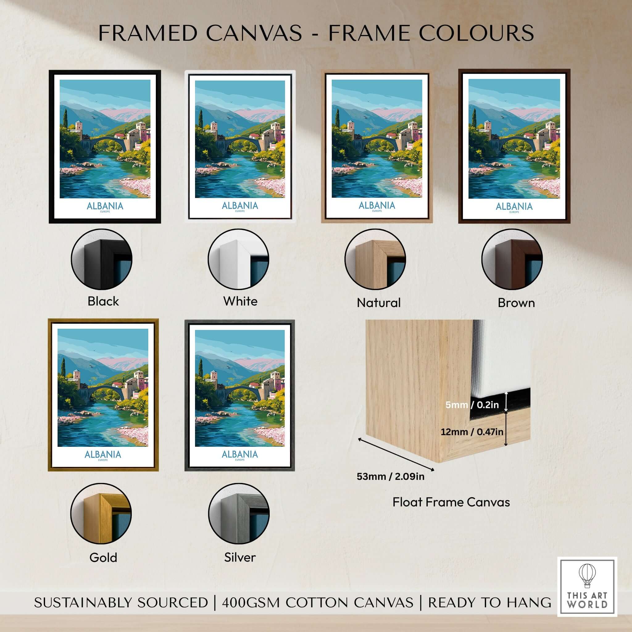Framed canvas colors for Albania Historic Stone Bridge Art Print | Mountain River Landscape Poster options and details.