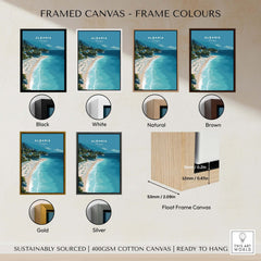 Albania Canvas Print | Balkan Travel Poster framed canvas options in black, white, natural, brown, gold, and silver finishes.