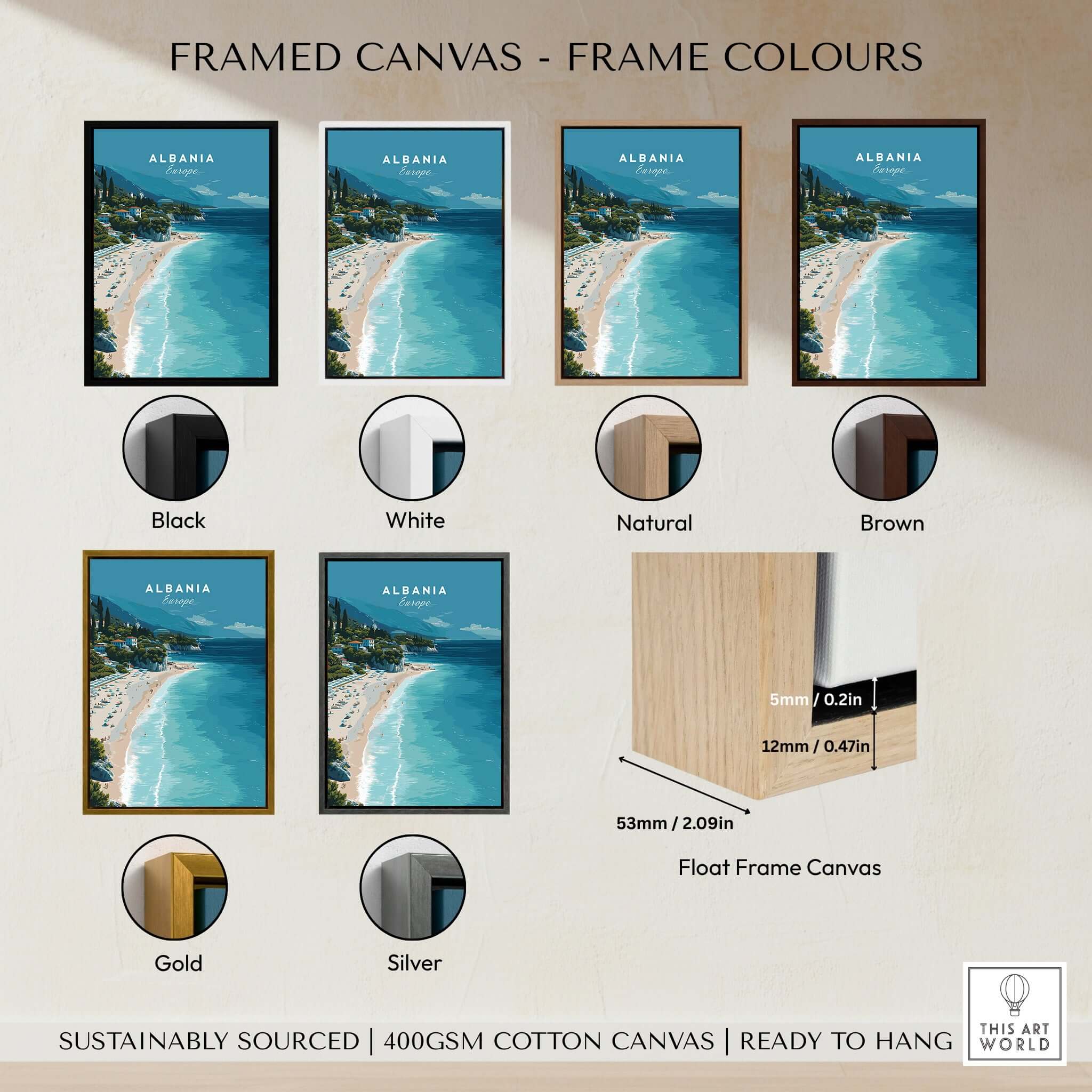 Albania Canvas Print | Balkan Travel Poster framed canvas options in black, white, natural, brown, gold, and silver finishes.