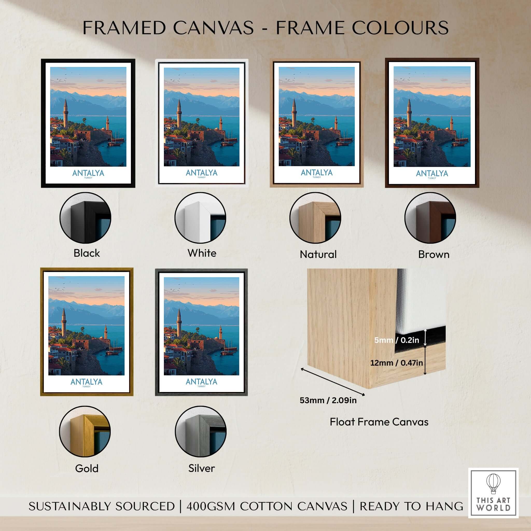 Framed canvas options for Antalya Turkey Art Print | Historic Coastal City Poster, showcasing various frame colors and designs.