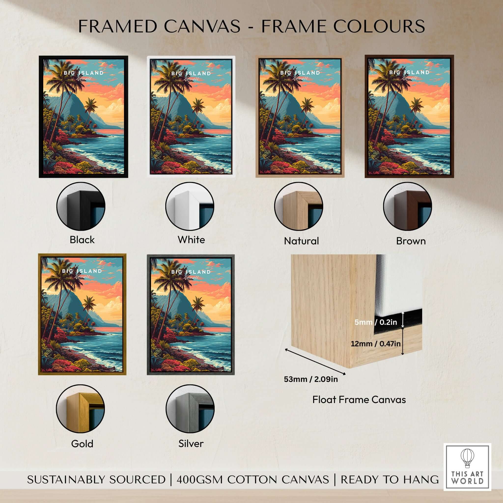 Big Island Hawaii Kona Coast Canvas Art Print | Vibrant Hawaiian Wall Art framed in various frame colors including black, white, natural, brown, gold, and silver.