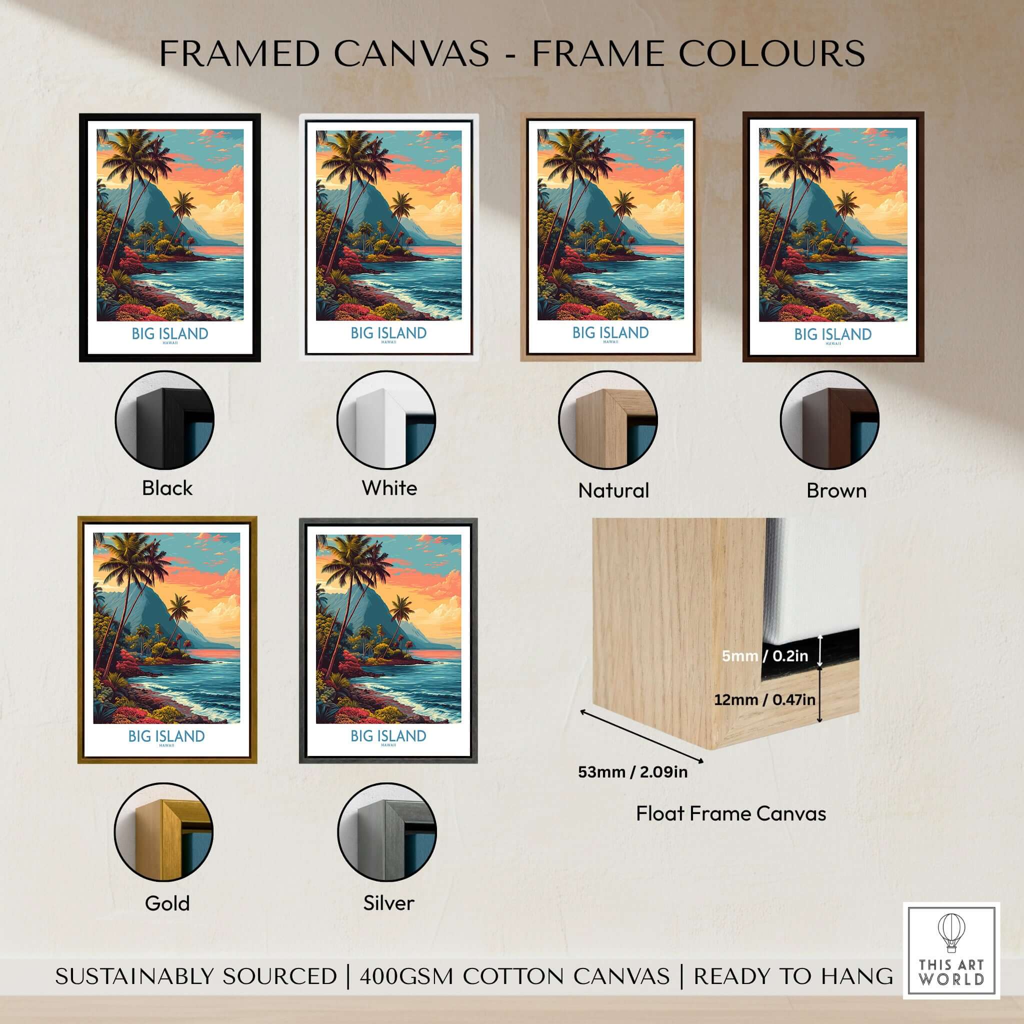 Framed canvas color options for Big Island Hawaii Tropical Beach Art Print | Lush Green Coast Poster in black, white, natural, brown, gold, and silver.